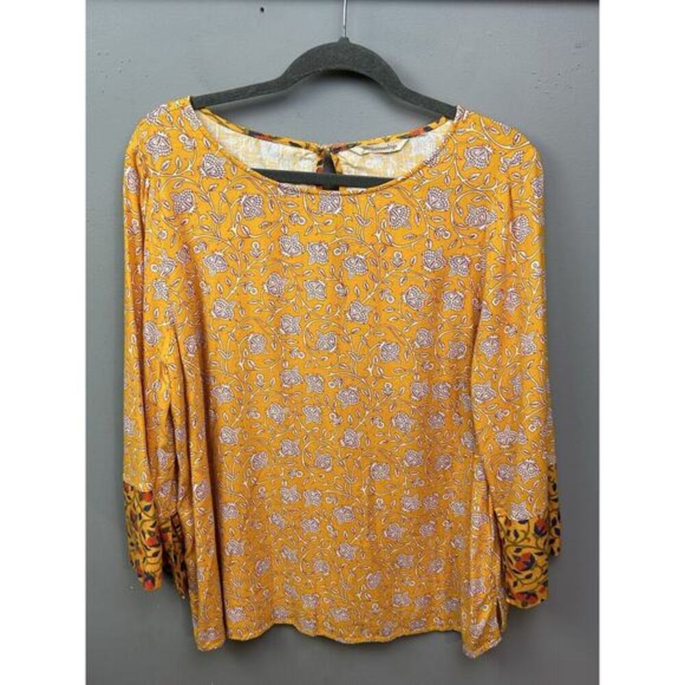 Soft Surroundings Linen Blend 3/4 Sleeve Boho Blouse Womens Large Gold Floral‎